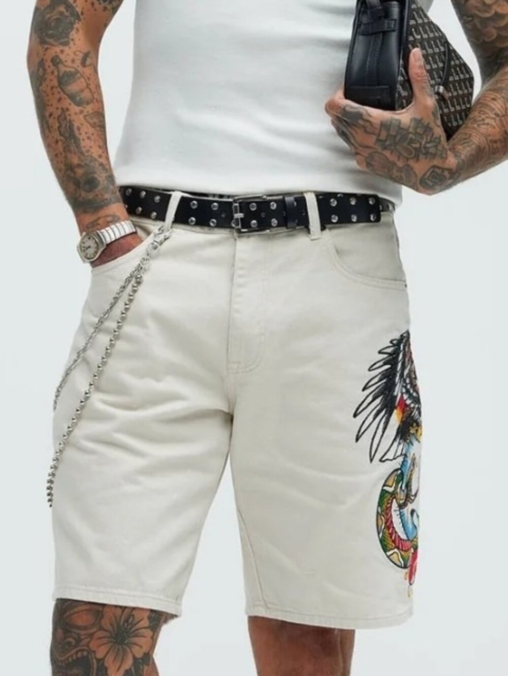 NWT Ed Hardy Battle Skull Skater Denim Loose Fit Mens Casual Shorts - Khaki